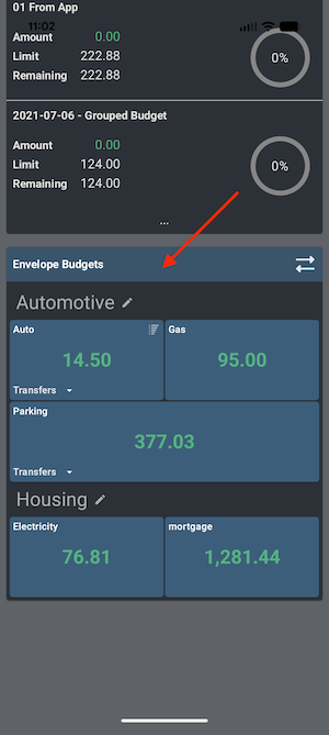 ClearCheckbook Mobile App - Envelope Budgets from Dashboard