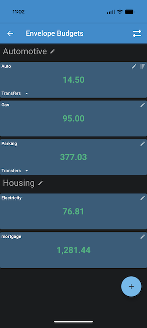 ClearCheckbook Mobile App - Envelope Budgets list