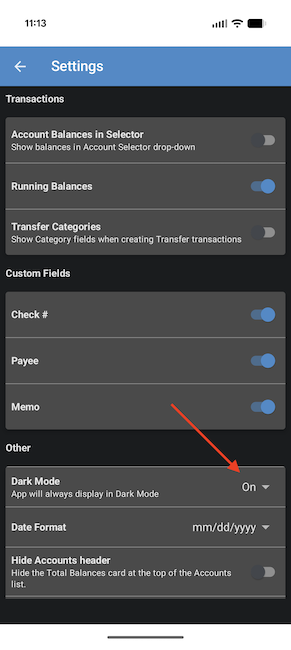 ClearCheckbook Mobile App - Dark mode - Settings