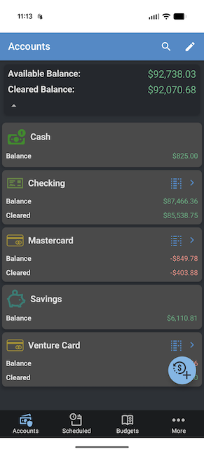 ClearCheckbook Mobile App - Dark mode - Account list