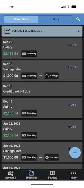 ClearCheckbook Mobile App - Dark mode - Reminders
