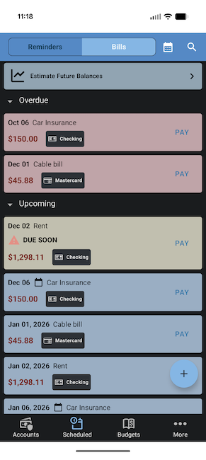 ClearCheckbook Mobile App - Dark mode -  Bill Tracker