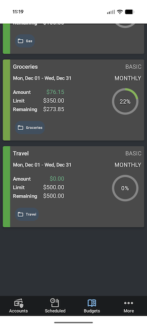 ClearCheckbook Mobile App - Dark mode - Budgets
