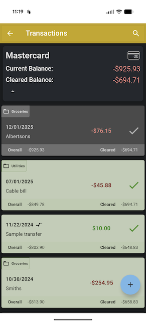 ClearCheckbook Mobile App - Dark mode - Transaction List