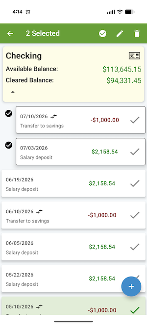 ClearCheckbook Mobile App - Selecting multiple transactions