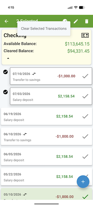 ClearCheckbook Mobile App - Clearing multiple transactions