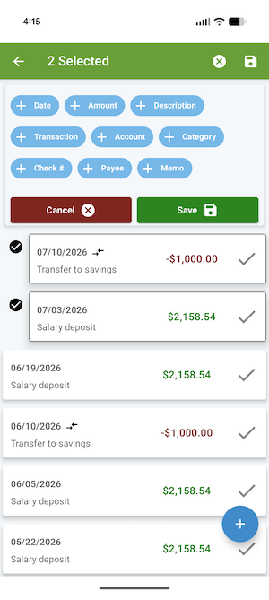 ClearCheckbook Mobile App - Editing multiple transactions