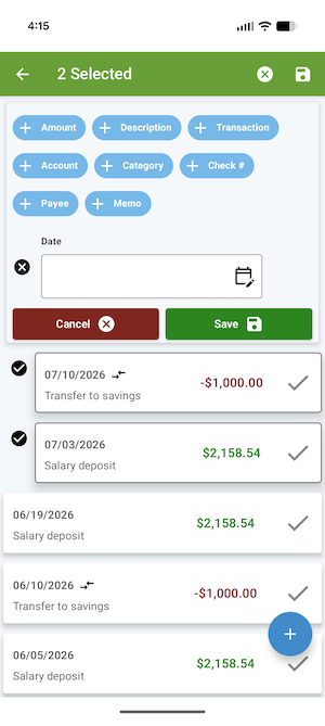 ClearCheckbook Mobile App - Editing multiple transactions