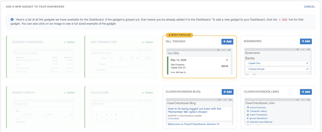 Account Dashboard - Gadget Selection