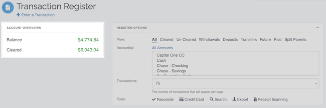 Transaction Register - Account Overviews Location