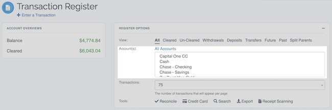 Transaction Register - Account Selection Location