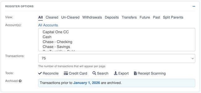 Transaction Register - Archived Transactions Nontification
