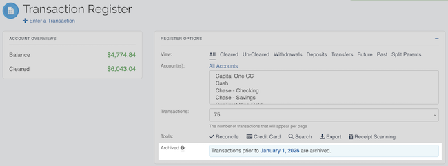 Transaction Register - Archived Transaction alert Location