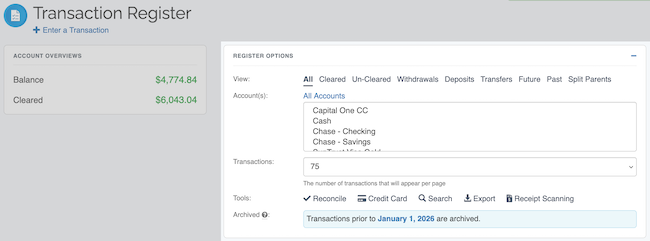 Transaction Register - Register Options block