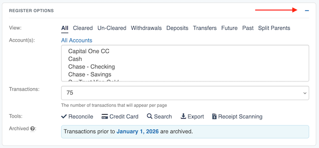 Transaction Register - Minimize Register Options block