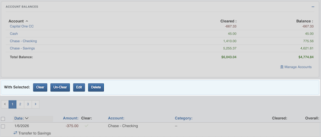 Transaction Register - Selected Transaction Options Location