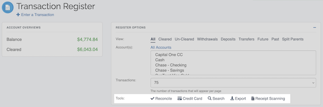 Transaction Register - Tools links Location