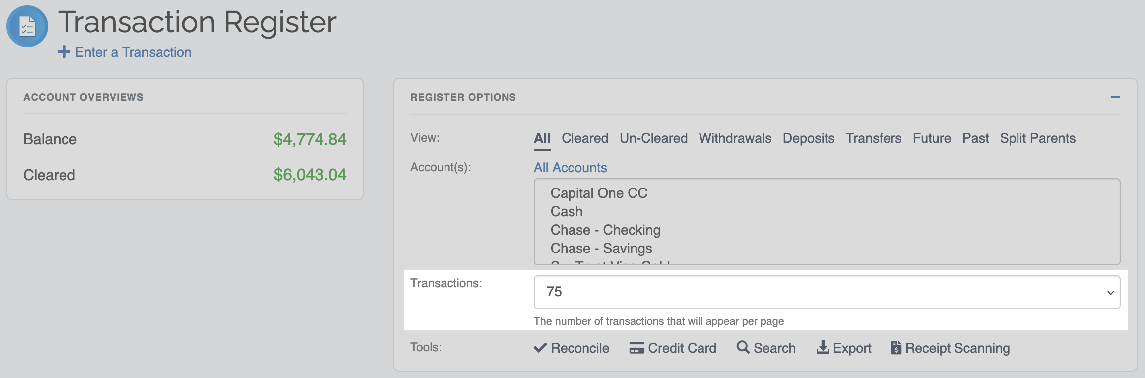 Knowledge Base :: Transaction Register | ClearCheckbook