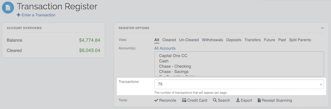 Transaction Register - Transaction Count Location
