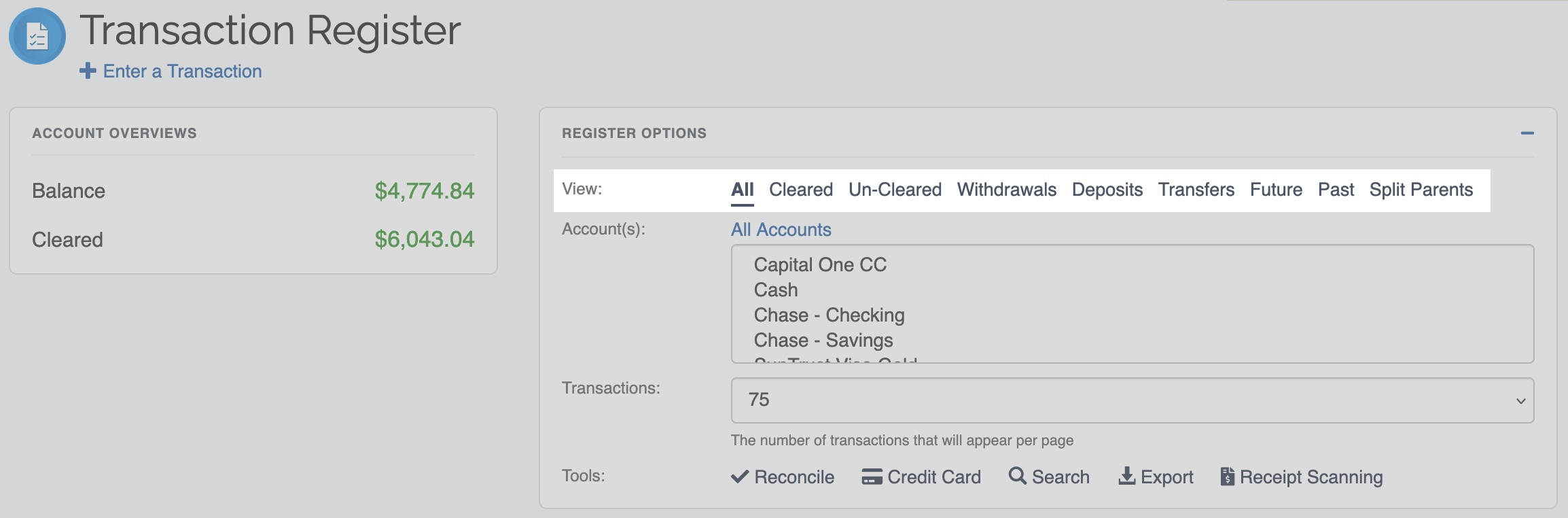 Knowledge Base :: Transaction Register | ClearCheckbook