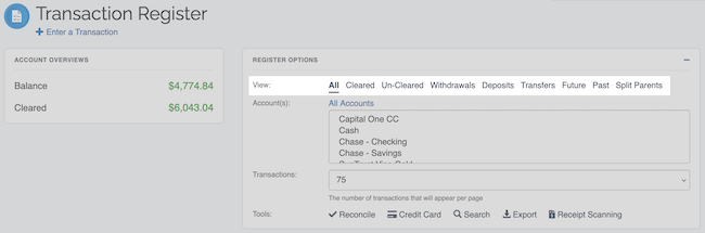 Transaction Register - View Option Location