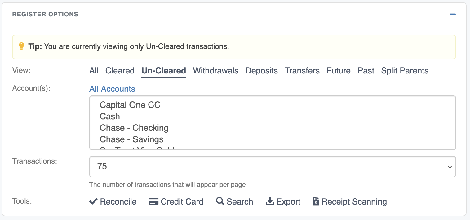 Knowledge Base :: Transaction Register | ClearCheckbook