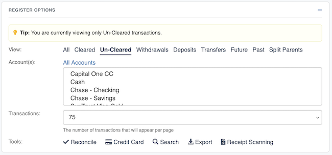 Transaction Register - View Option Alert
