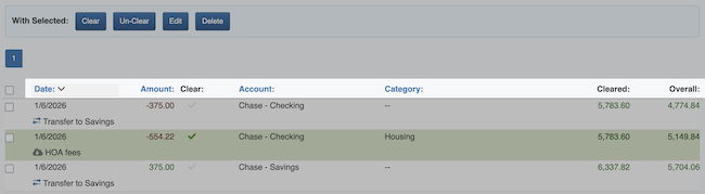 Transaction Register - Column headers for sorting