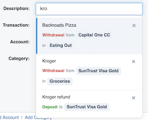 Transaction Auto-complete suggestions