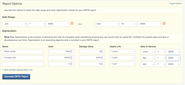 EBITA Report - Report Options