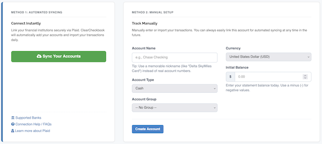 Account Settings - Create Account form