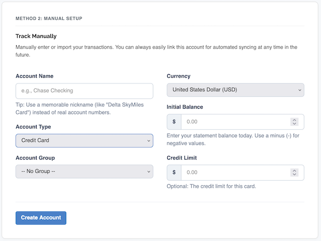 Account Settings - Create Account form w/ Credit Card chosen