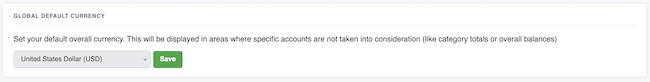 Account Settings - Global Default Currency selection