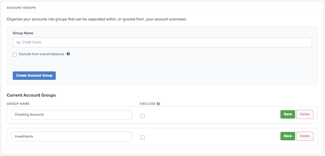 Account Settings - Account Groups list