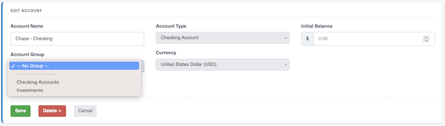 Account Settings - Select an Account Group