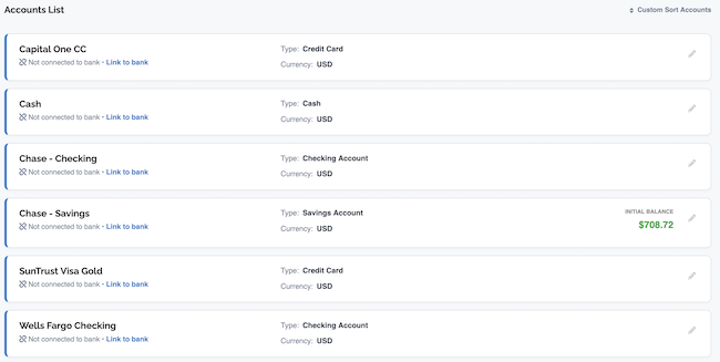 Account Settings - Account List