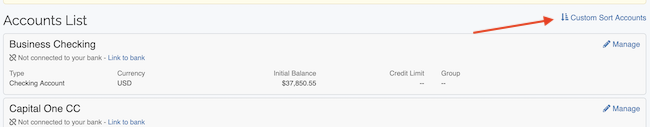 Account Settings - Link to go to account sorting page
