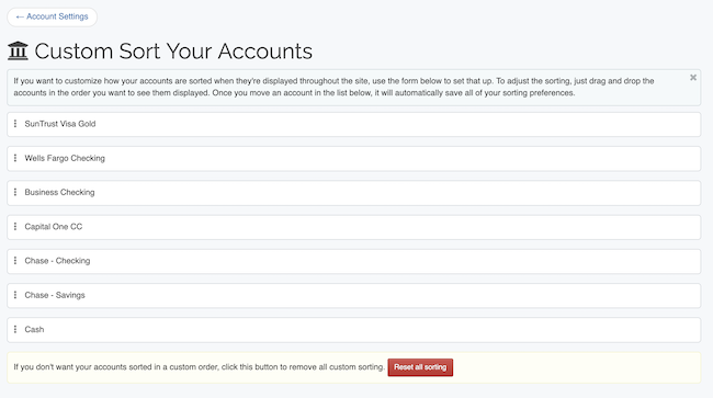 Account Settings - Account sorting page