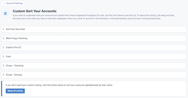 Account Settings - Account sorting page