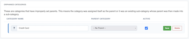 Category Settings - Orphaned Categories example