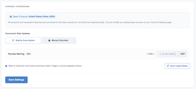 Currency Conversion Settings - Manage Conversions form