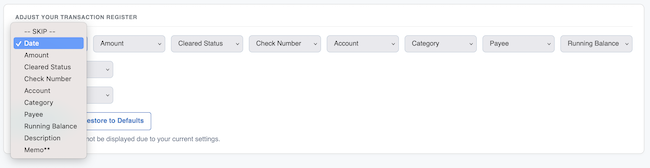 Rearrange Transaction Columns - Form to select field positions