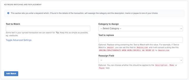 Synced Transaction Settings - Add Match form