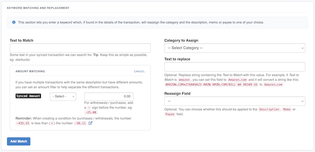 Synced Transaction Settings - Amount Matching form