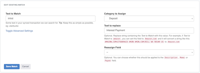 Synced Transaction Settings - Edit an Existing Match