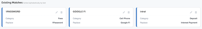 Synced Transaction Settings - Existing Matches list