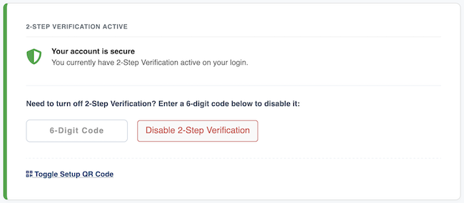 2 Factor Authentication Settings - Disable 2FA