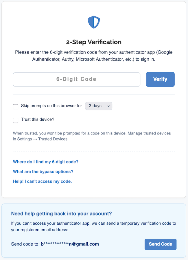 2 Factor Authentication Settings - Setting recovery email