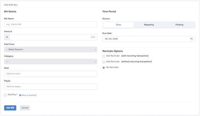 Bill Tracker - Add Bill form