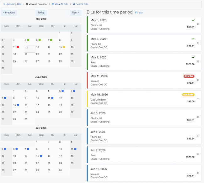 Bill Tracker - Calendar View